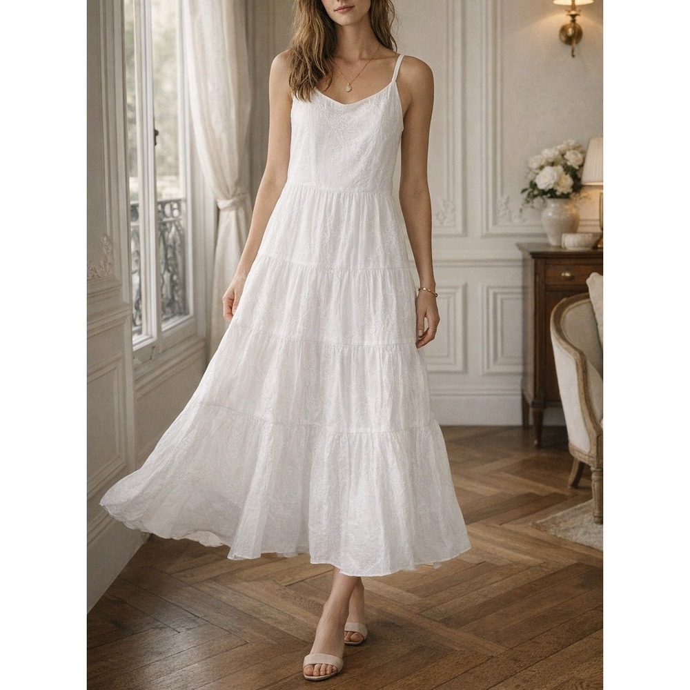 Vtg‎ K Co Sz 10 White 100% Cotton Embroidered Midi Flowy Tiered Sleeveless Dress